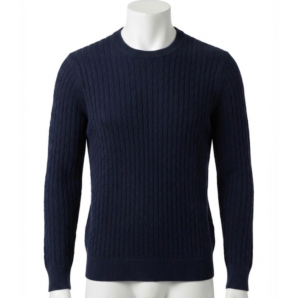 Saks Fifth Avenue Mens Navy Blue 100% Merino Wool Cable Knit Crewneck Sweater M
